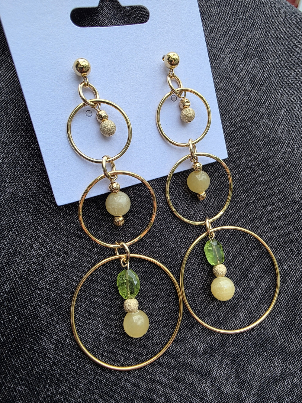 14k Gold Filled Hoop Drop Earrings with Yellow Jade and Green Peridot Beads